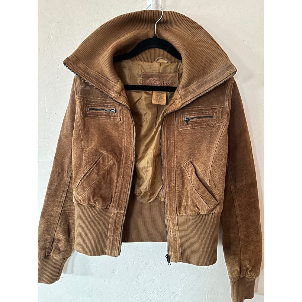 Joujou Brown Suede Leather Bomber Jacket Ribbed Collar Cropped Y2K small/medium - Picture 15 of 16